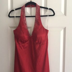 NWOT red satin jeweled halter formal dress